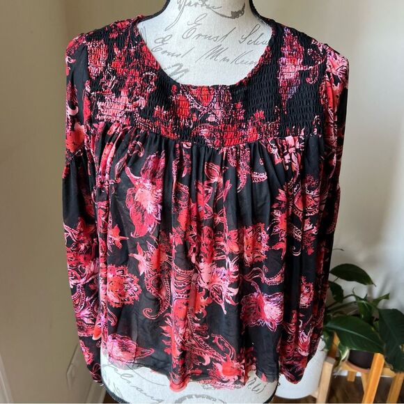 NEW Free People Anything Western Shirt Black Red Print Keyhole Back Sz S - Picture 2 of 9